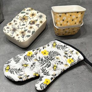 Floral and Bee Print Oven Mitt and Containers